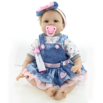 

Beautiful Simulation Doll Silicone Body Girl Reborn Baby Toy with Pacifier Nursing Bottle High-End Acrylic Eye in Skirt[US-W]