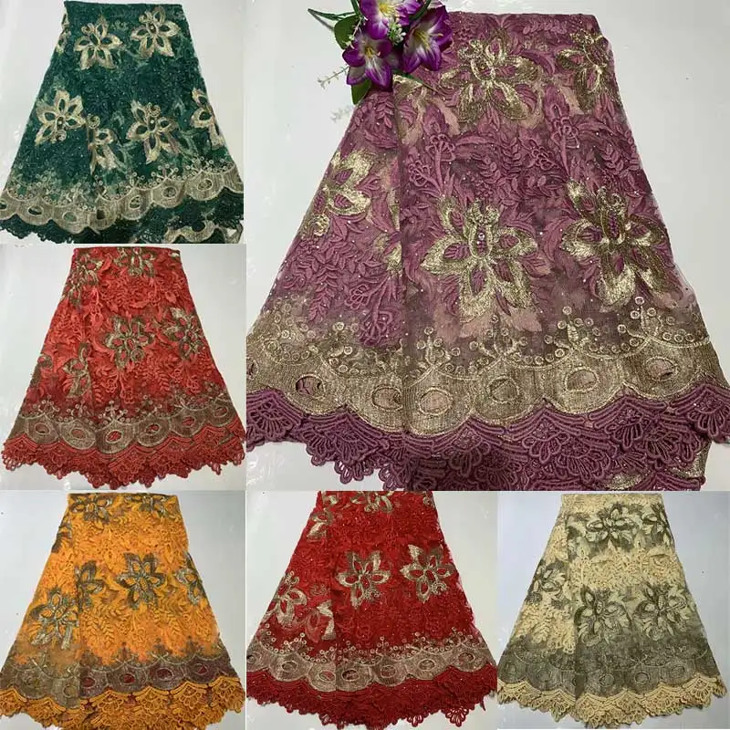 

African Lace Fabric 2019 High Quality Lace Mesh Fabric Beaded Stones Nigerian Gold Lace Fabrics For Party Dress B205