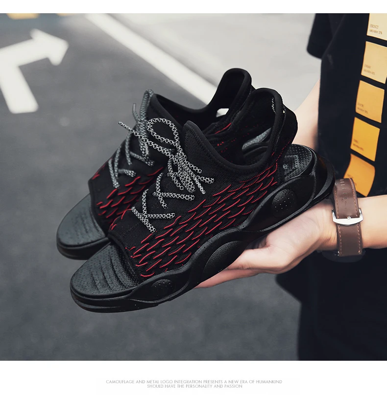 Мужские дышащие тапочки Flyknit открытый размер 39-44 мужская пляжная обувь с открытым носком Нескользящие повседневные шлепанцы Chanclas Hombre