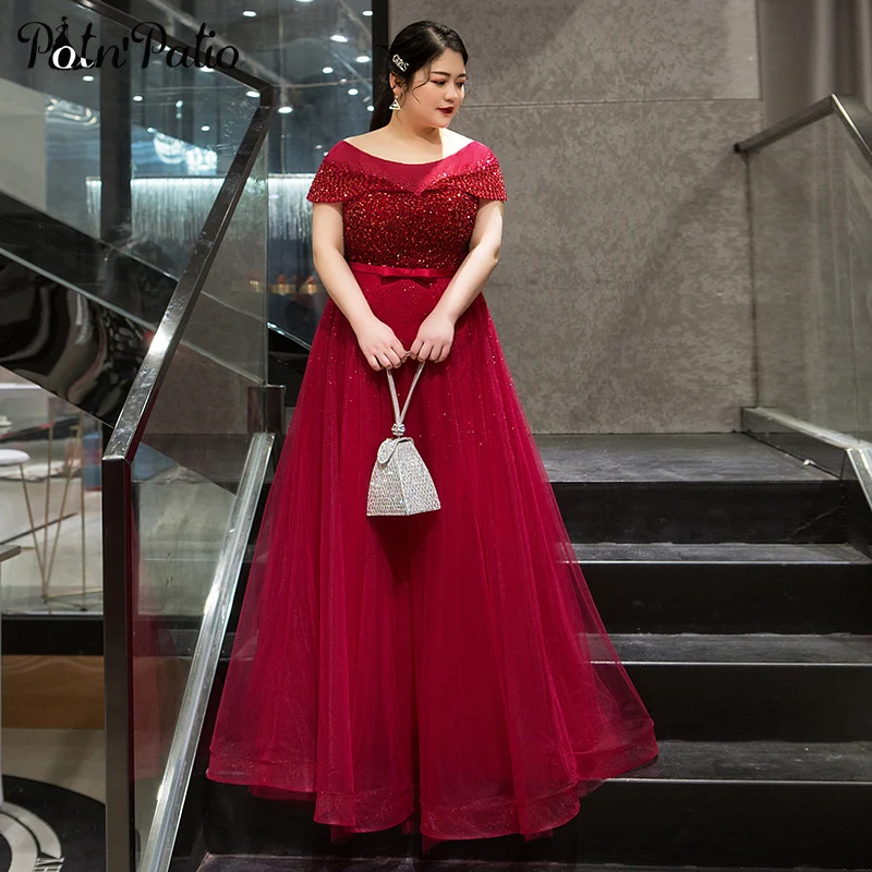 

Luxury Plus Size Women Evening Dresses Elegant Scoop Neck Handmade Beading Sequins Tulle Wine Red Long Formal Gowns 2019