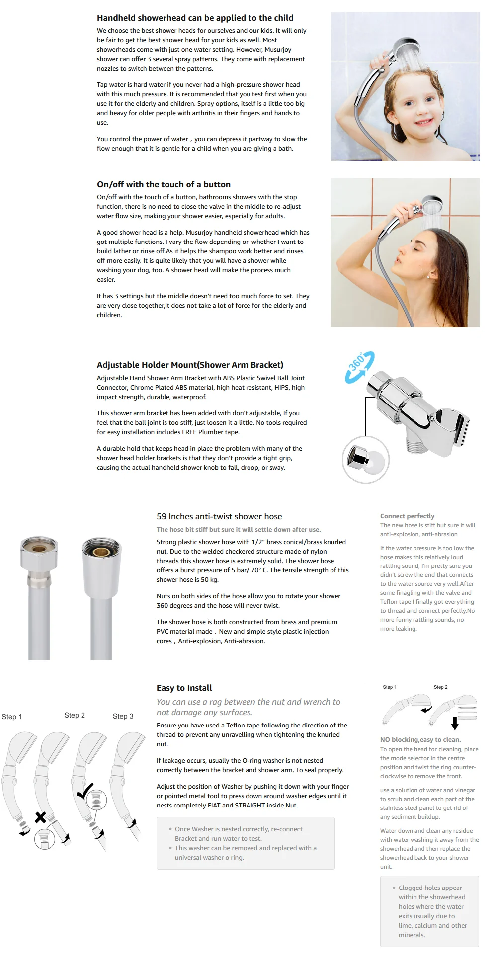 JIAYUN High Pressure Handheld Shower Head with ON/Off Pause Switch 3 Settings Spray Water Saving Showerhead