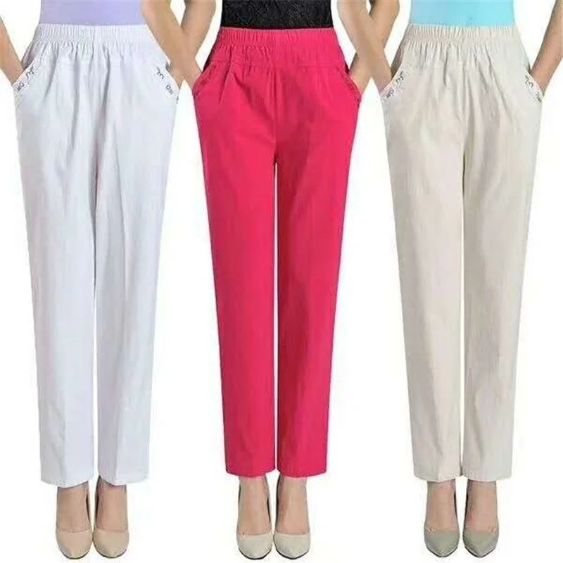 Middle Aged Women Summer Cropped Pants Thin Elastic High Waist Straight Pants Korean Fashion Mother Ankle-Length Trousers