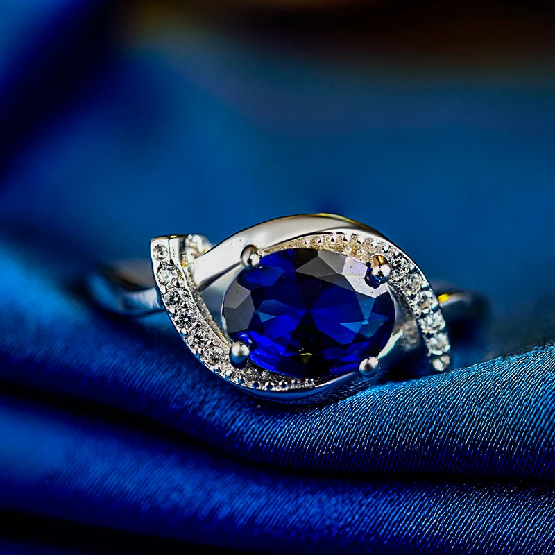 

Luxury Female Crystal Blue Sapphire Ring 100% Real 925 Sterling Silver Wedding Rings For Women Small Oval Engagement Ring