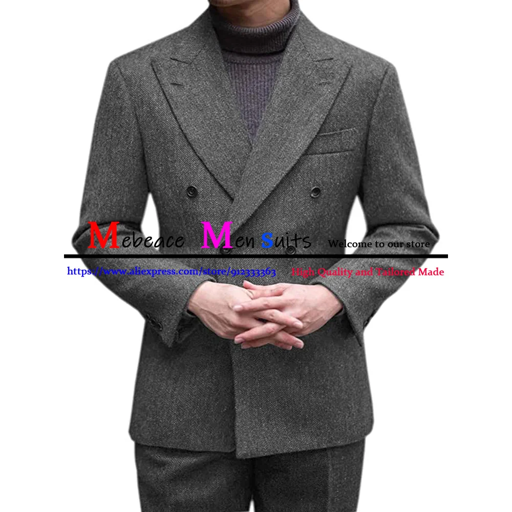 

2021 Grey Winter Wool Men Suits For Wedding Slim Fit Ensembles Homme Business Man Blazer 2 Pieces Set Costume Homme Jacket Pants