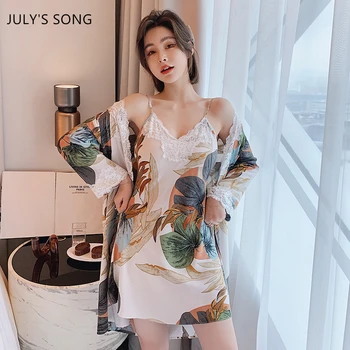 

JULY'S SYJJF Pajamas Set 2 Pieces Women Sling Robe Plant Printing Large Size Viscous Sleepwear Nightdress Lady Lace Homewear