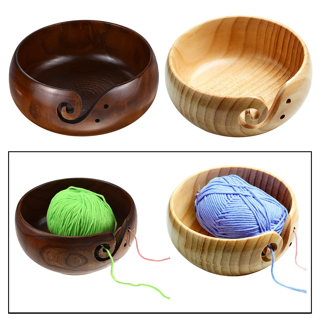 Wooden Yarn Bowl Knitting Crochet Woolen Storage Organizer Bowl With Carved Hole