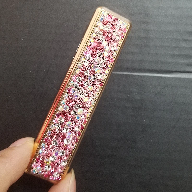 Портативный Женский Алмазный чехол для сигарет, Хрустальная тонкая сигарета, держатель для 14 шт сигарет, usb-зажигалки для зарядки - Название цвета: Pink Lighter