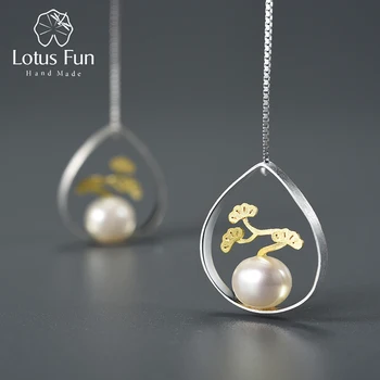Lotus Fun Pine Tree Plant Drop Earrings Real 925 Sterling Silver Natural Pearl Earrings for Women Gift Handmade Fine Jewelry