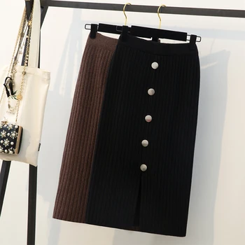 

2019 wear new large size women's split fork wild knit bag hip step skirt slim skirt casual