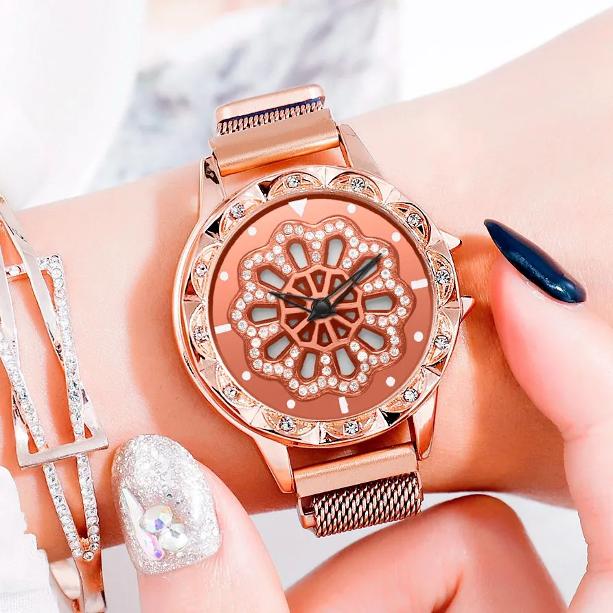 

Luxury Magnetic Watches 360 Rotate Dial Design Women Watch Lucky Gift Mesh Steel Lady Bracelet Quartz Clock Relogio Feminino