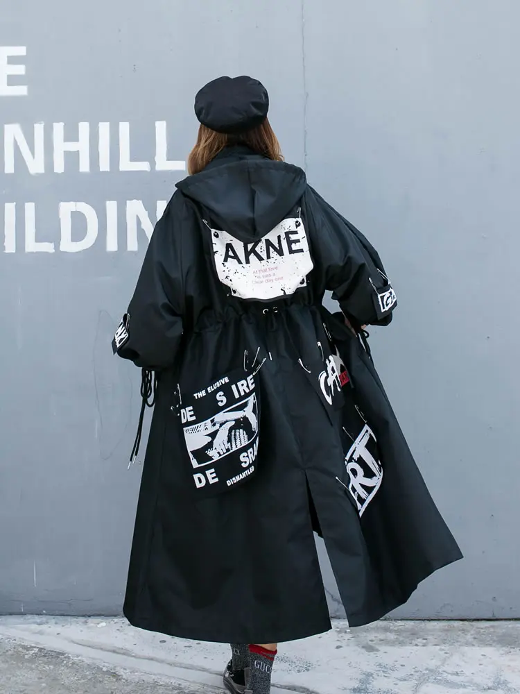 HG Tide брендовый значок патч с капюшоном плащ для женщин Письмо Печати Drawstring уличная одежда большого размера ветровка, длинное пальто GCC1685