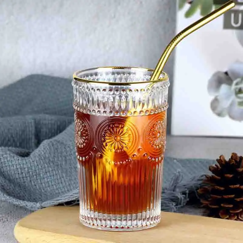 

2 Pack Vintage Embossed Phnom Penh Sun Flower Glass Cup Creative Heat-resistant Beer Juice Cold Drink Cup Decorative Wine Glass