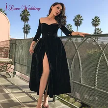 Элегантное Вечернее Платье милое черное велюровое вечернее платье длиной до щиколотки с высоким разрезом три четверти вечернее платье с рукавами Вечерние