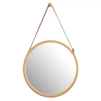 

Hanging Round Wall Mirror Solid Eco-friendly Bamboo Frame Mirror With Adjustable Leather Strap For Bathroom Or Bedroom