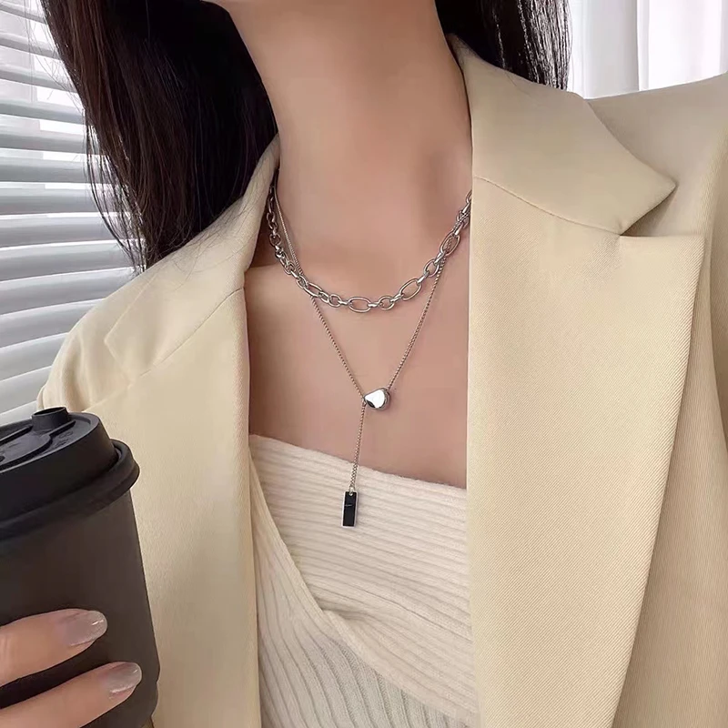 2021 Double Layer Minimalist Necklace For Women Hip Hop Gothic Metal Rectangle Semicircle Pendant Clavicle Chain Choker Gifts