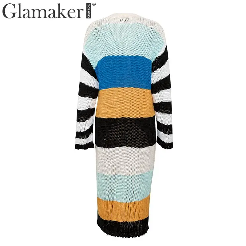 Glamaker, вязаный цветной женский кардиган, элегантный, в полоску, длинный, рукав-фонарик, длинный, теплый свитер, женский, осенний, зимний Кардиган