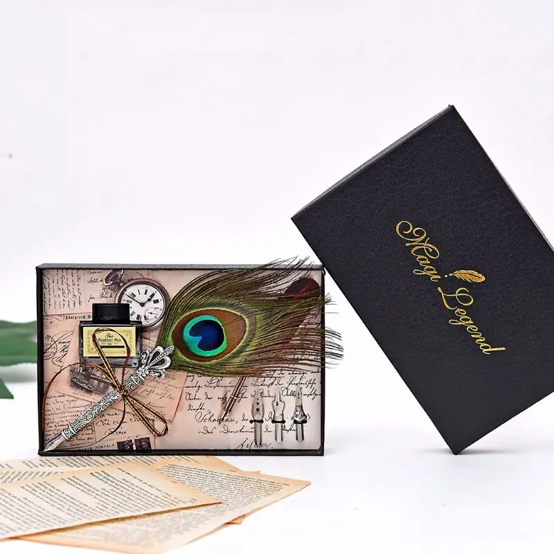 

Vintage Handmade Peacock Feather Quill Dip Fountain Pen + Writing Ink 3 Nibs Kit Set with Gift Box LX9A