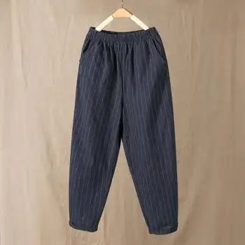 

Women Casual Pockets Elastic Waist Trousers 2020 Vintage Striped Pants Cotton Linen Loose Pockets Pantalon Harem Palazzo Bottoms