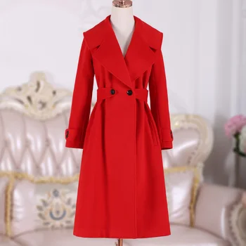 

autumn winter red double breasted woolen coat women slim lapel medium long overcoat