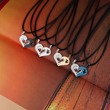 

1 Pair Necklaces For Couples Valentine's Day Gift "I Love You" Heart-Shaped Rhinestone Pendant Lovers Leather Chain Necklace