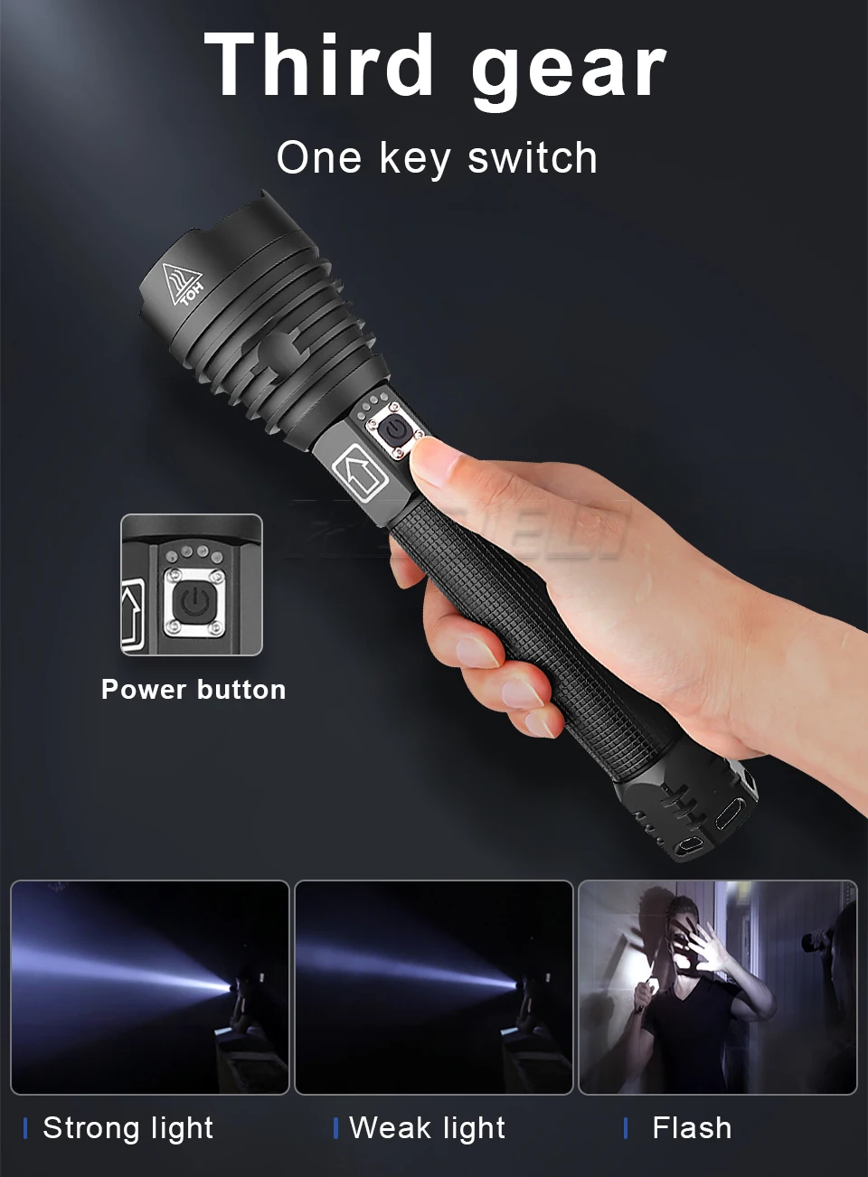 強力なハンティング懐中電灯,充電式USBトーチ,バッテリー