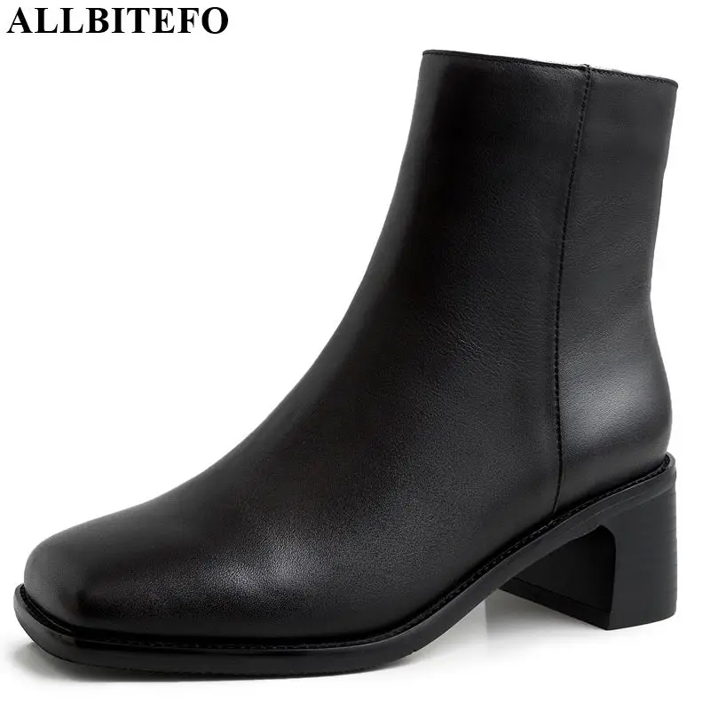 

ALLBITEFO natural genuine leather women boots comfortable breathable concise ankle boots Square toe Autumn Winter fashion boots