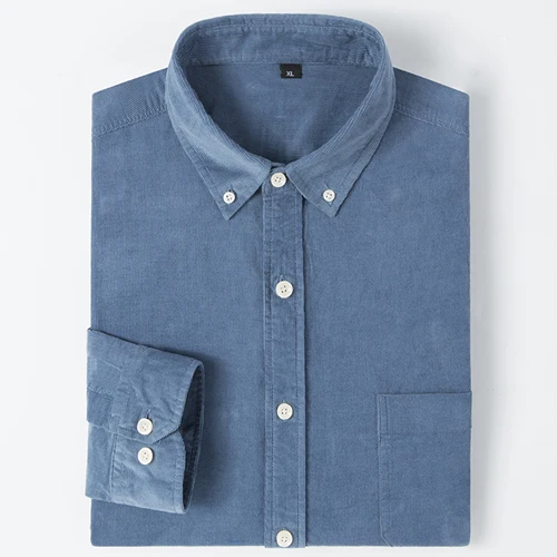 Men's Cotton Casual Shirt Long Sleeve Slim Fit Button-Down Neck Autumn Spring Soft Social Leisure Corduroy Shirt - Color: DXL01