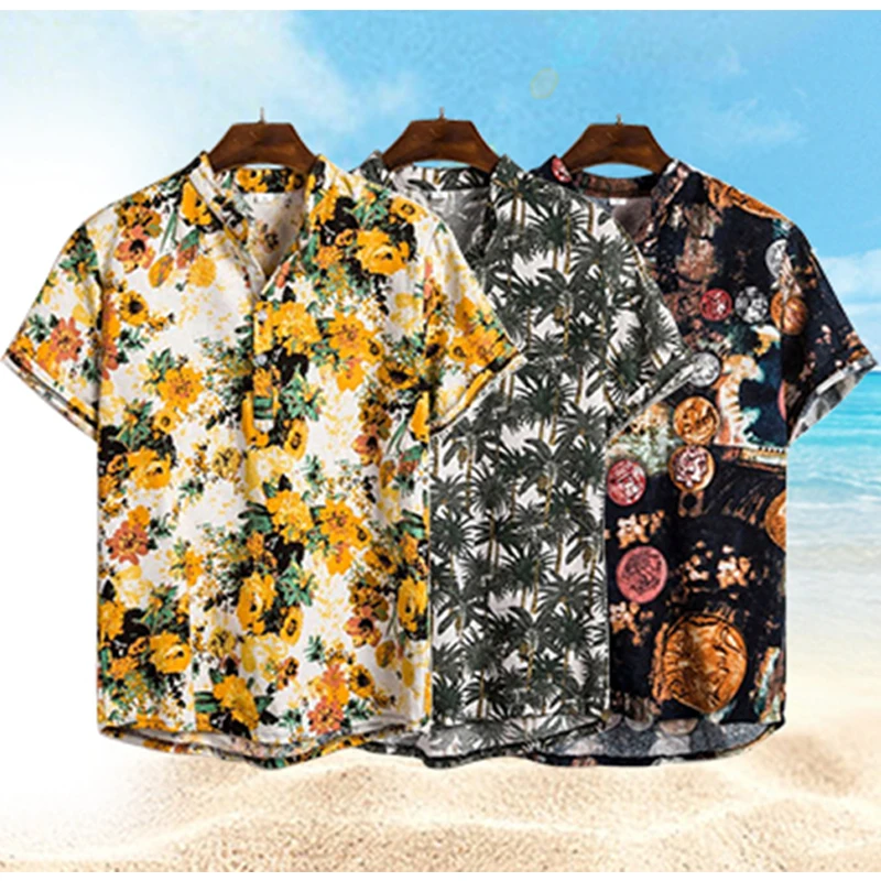 Camisas de lino para hombre, camisa de marca informal con estampado, Tops de manga corta con botones, camisa hawaiana holgada de moda para playa de verano