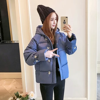 

2020 Winter Loose Solid Puffer Jacket Women Plus Size Korean Style Female Coats Hooded Stand Collar With Button Mujer Parkas