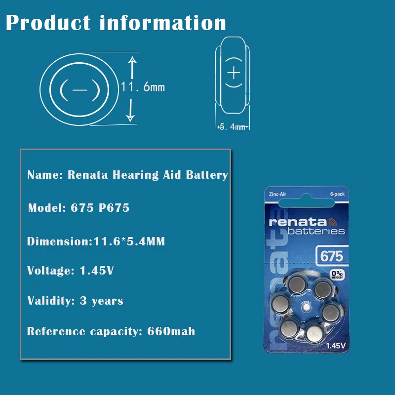 6 шт. Renata 675 1,45 в 660 мАч цинковые воздушные батареи A675 PR44 P675 для слуховых аппаратов батареи кнопки монетные батареи