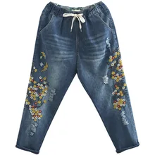 OMIKRON новые женские осенние модные винтажные Цветочные Летающие птицы вышивка потертые джинсы брюки женские повседневные джинсовые свободные шаровары