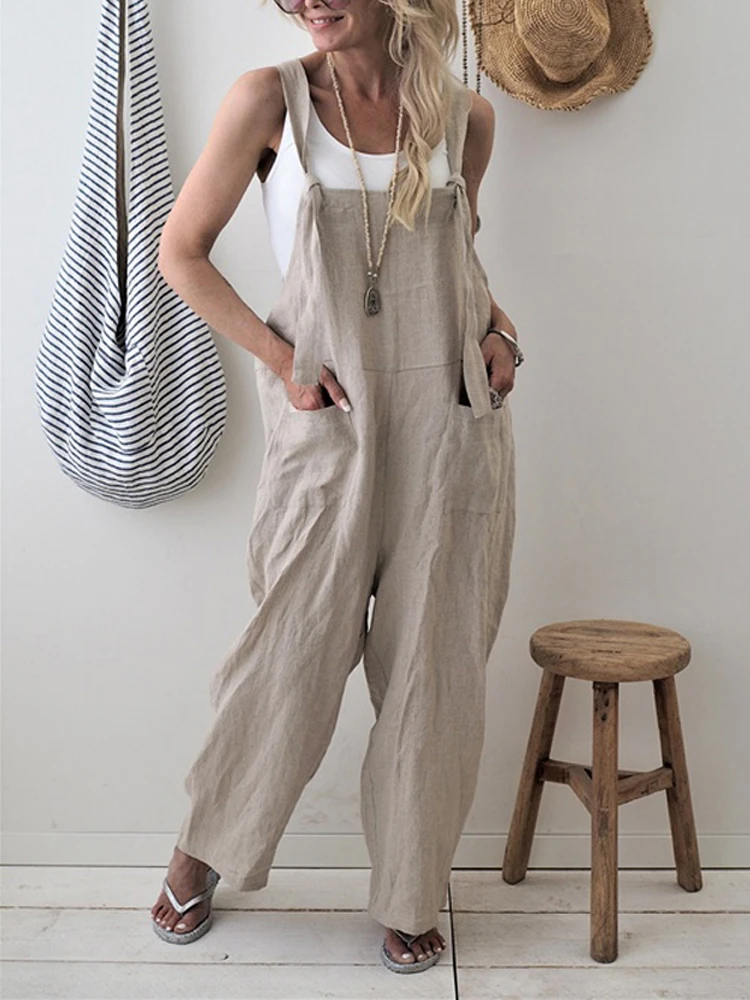 

Loose Casual Jumpsuit Women Overalls Playsuits Wide Leg Cropped Long Pants Cotton Linen Solid Pocket Trousers