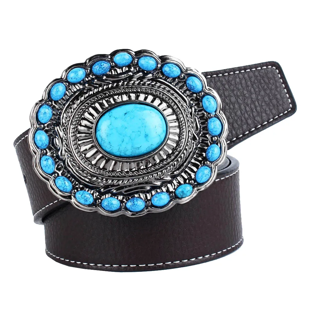Bohemian Western Cowboy PU Leather Strap Belt Gemstone Buckle Belt