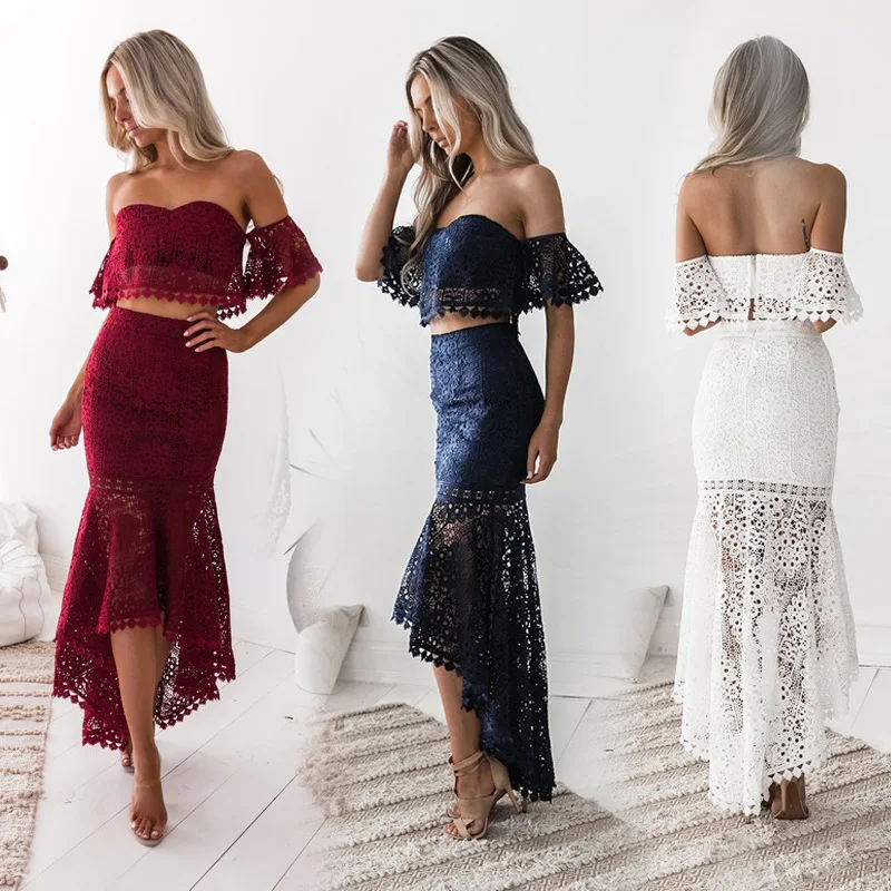 

Summer Lace One Off Shoulder Long Maxi Dress Elegant Sleeveless Two Piece Sexy Dress Club Wear Women Party Dresses 2019
