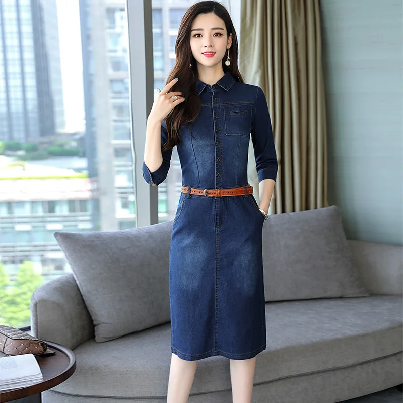 

Women's 2019 Autumn Solid Color Button Deco 3/4 Long Sleeve Belted A-Line Office Lady Wear to Work Midi Denim Dress With Pockets