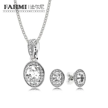 

FAHMI 100% 925 Sterling Silver Elegant Sparkling Crystal Zircon 296247CZ VINTAGE ELEGANCE EARRING STUDS Necklace Set CS1716