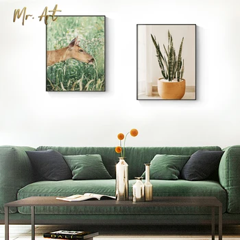 

Nordic Potted Plant Painting Pictures Modern Decoration Green Leaves and Deer Canvas Painting Wall Art Picture for Living Room