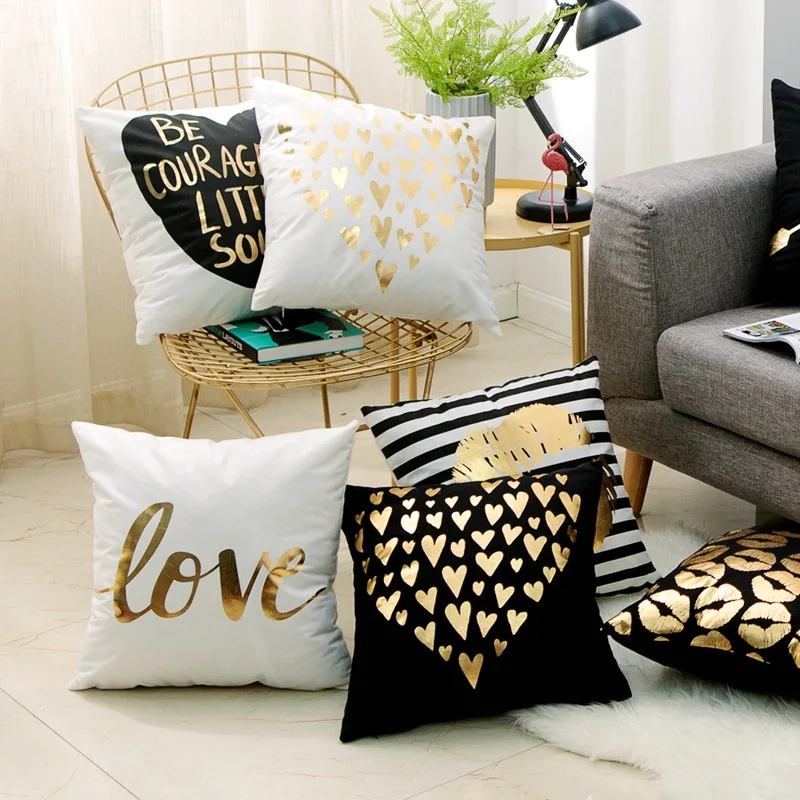 Love Black And White Bronzing Cushion Decorative Pillows Gold Foil Geometric Pillowcase Home Decor Sofa Throw Pillow 17*17inch 3
