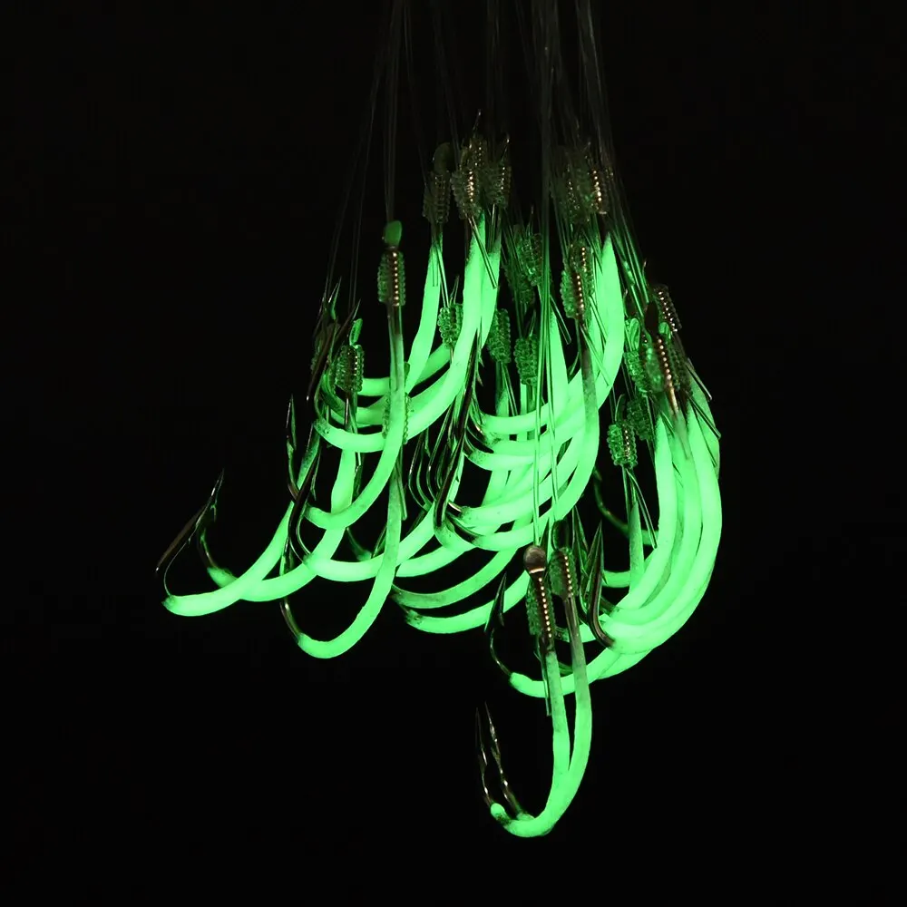 12-28# Luminous Fishing Hooks with Line Barbed Hooks Fishing Tackle Accessories Steel Fishing Hooks 15/20/30PCS