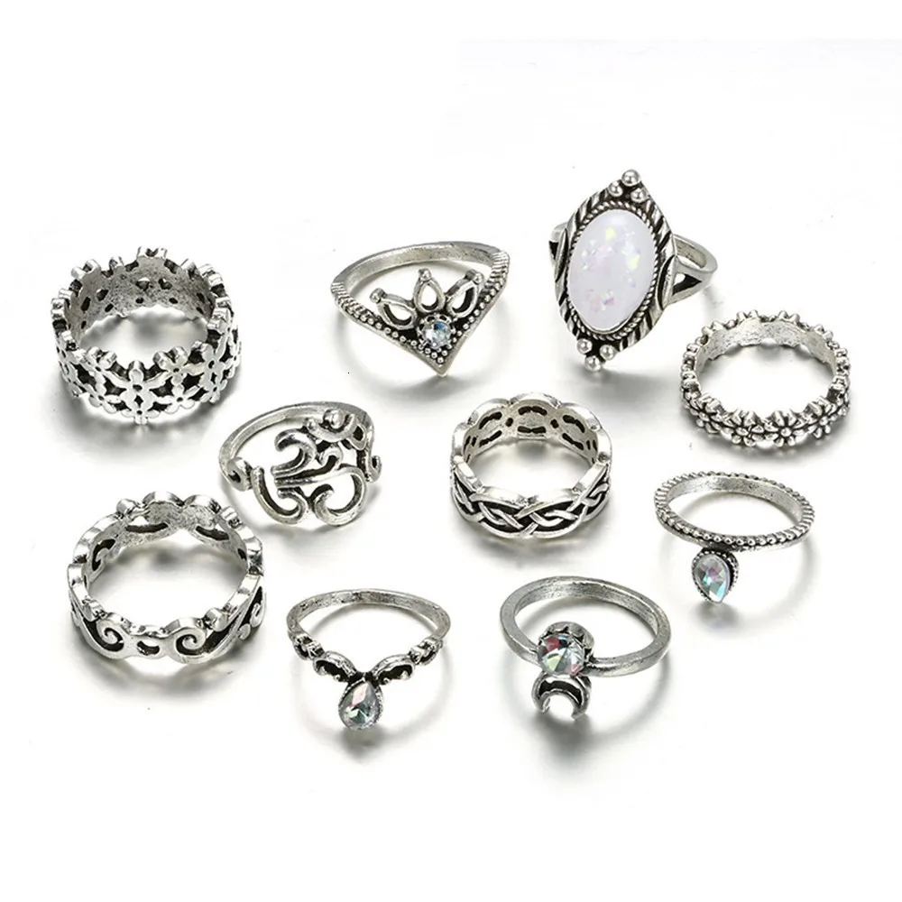 Bague Femme, винтажные кольца для женщин, геометрической формы, в стиле бохо, цветок, кристалл, кольцо на кончик пальца, набор, богемный, миди, ювелирные изделия, серебряный цвет
