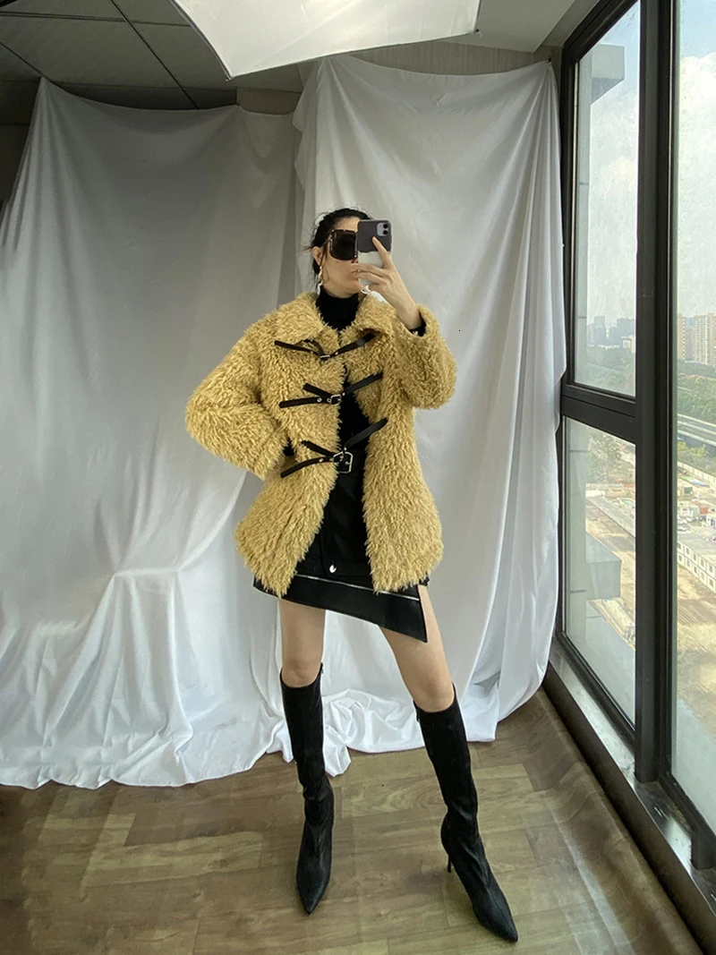 [EAM] Loose Fit Lambswool Split Big Size Thick Woolen Coat Parkas New Long Sleeve Women Fashion Tide Autumn Winter 1M420
