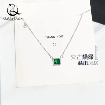 

New Beautiful Fashion Geometric Jewelry 925 Sterling Silver Green Crystal Temperament Square Women Gift Pendant Necklaces N482