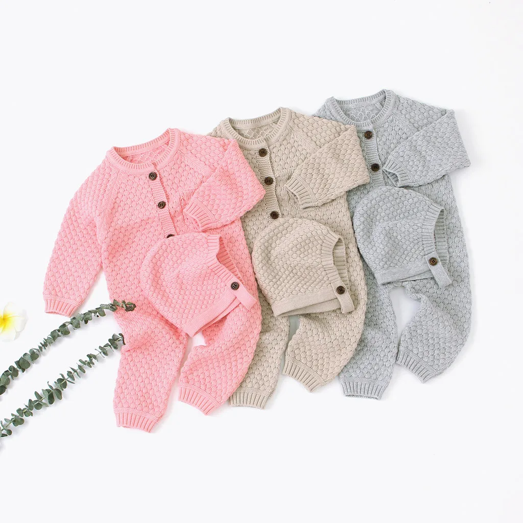 Newborn Infant Baby Girl Boy Long Sleeve Romper Winter Warm Coat Knit Casual Romper Button Jumpsuit Hat Outfits Clothes Costume