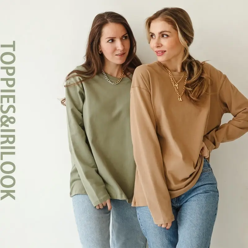 Toppies-Woman-Long-Sleeve-T-shirts-Crew-Neck-Tops-Tees-Solid-Color ...