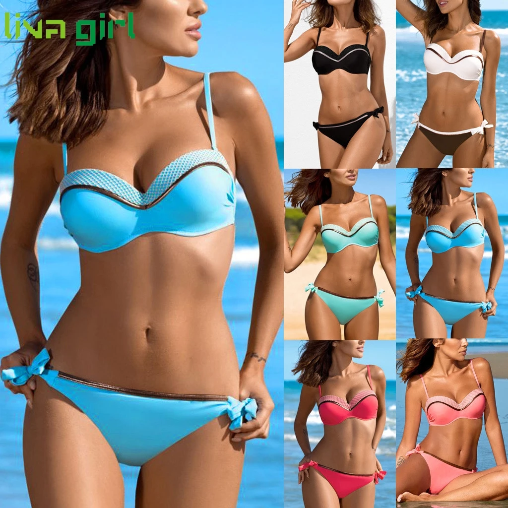 

Womens solid Bikini Set Swimwear plus size Two Pieces Push Up Swimwears Swimming Bathing Suit Beachwear Summer Brazilian Bikinis
