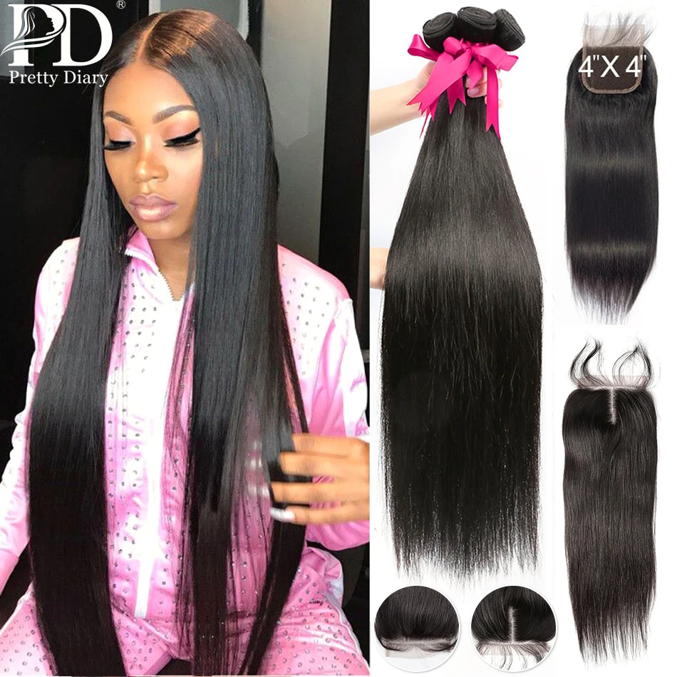 Straight Bundles With Closure Brazilian Hair Weave With 5 5 Lace Closure Human Hair Bundles With Midde Free Part Hair Extension 3 4 Bundles With Closure Aliexpress