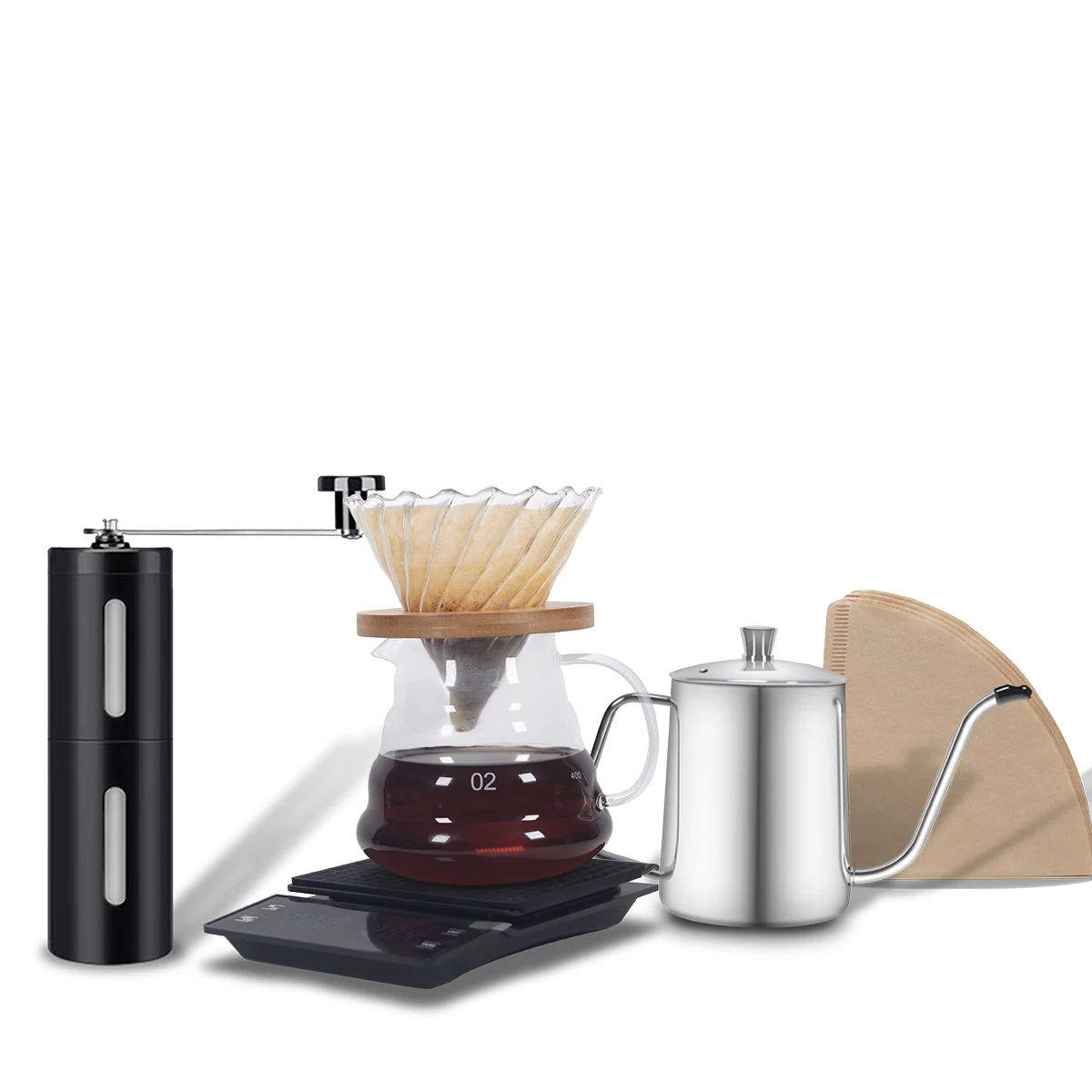 US $44.05 500ml V60 Coffee Dripper Set Coffee Filter Paper Glass Coffee Pot With Coffee Scale Mini Grinder 2020 New Household FourPiece