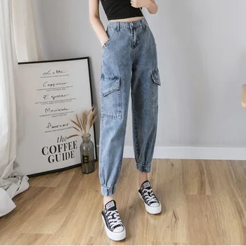 

Workwear Jeans Female 2019 New Elastic Waist High Waist Slim Hallen Pants. Jean Overalls For Women.