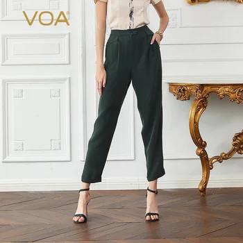 

VOA Deep Army Green Medium Waist Flip Crimping Narrow Foot Length Crotch Heavyweight Silk Cone Smoking Pants Baggy Pants K669
