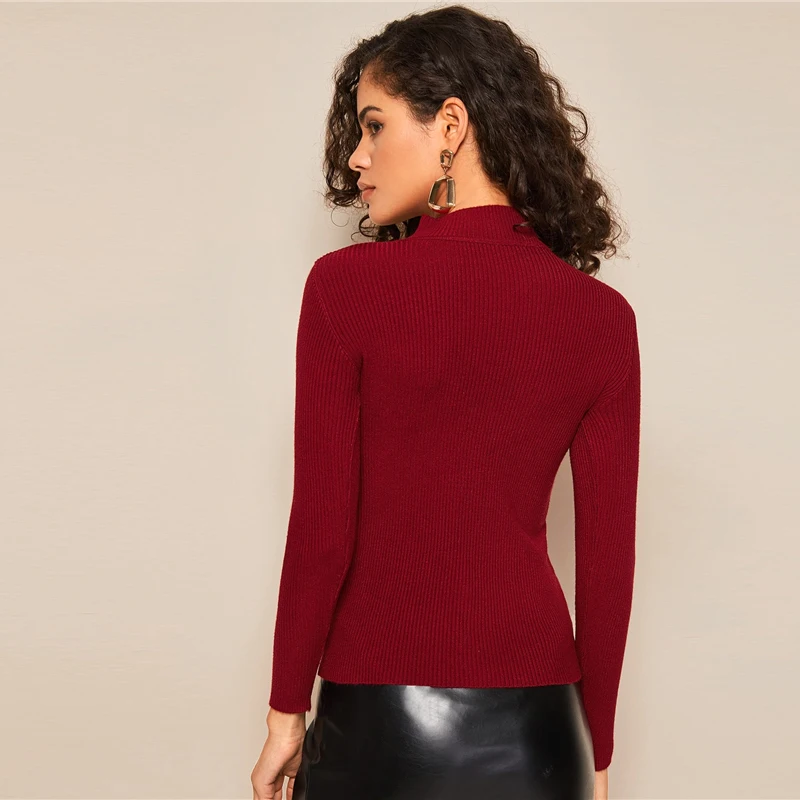 SHEIN Solid Stand Collar Ribbed Knit Autumn Casual Sweater Women Tops Winter Long Sleeve Form Fitted Ladies Basic Sweaters